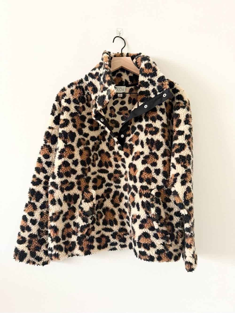 J.Crew Vintage Fleece Sherpa Leopard Patterned Half Button Pullover Size S